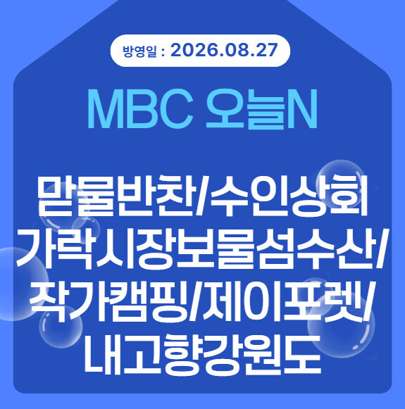 MBC오늘N 맏물반찬 가락시장 보물섬수산 수인상회 작가캠핑 제이포렛 으니랑 혀니랑 내고향강원도